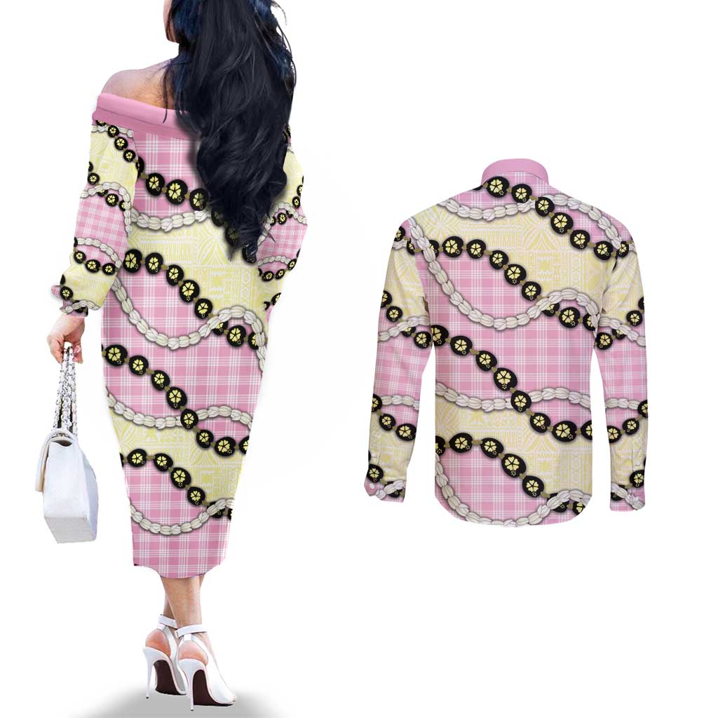 Pink Palaka Hawaii Couples Matching Off The Shoulder Long Sleeve Dress and Long Sleeve Button Shirt Kukui Nut Pikake Lei Hawaiian Tapa Pattern - Polynesian Pride