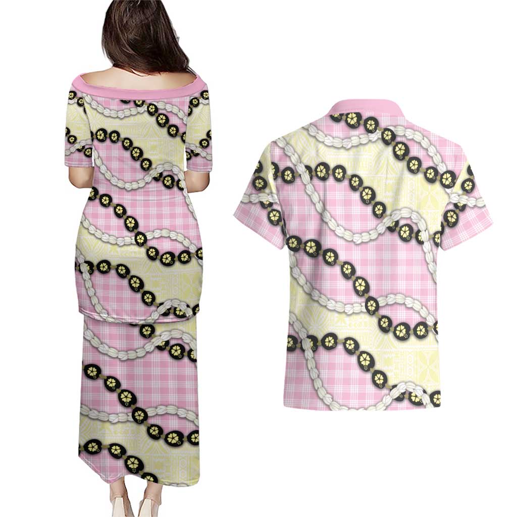 Pink Palaka Hawaii Couples Matching Puletasi and Hawaiian Shirt Kukui Nut Pikake Lei Hawaiian Tapa Pattern LT14 - Polynesian Pride