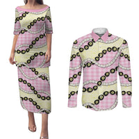 Pink Palaka Hawaii Couples Matching Puletasi and Long Sleeve Button Shirt Kukui Nut Pikake Lei Hawaiian Tapa Pattern LT14 Pink - Polynesian Pride