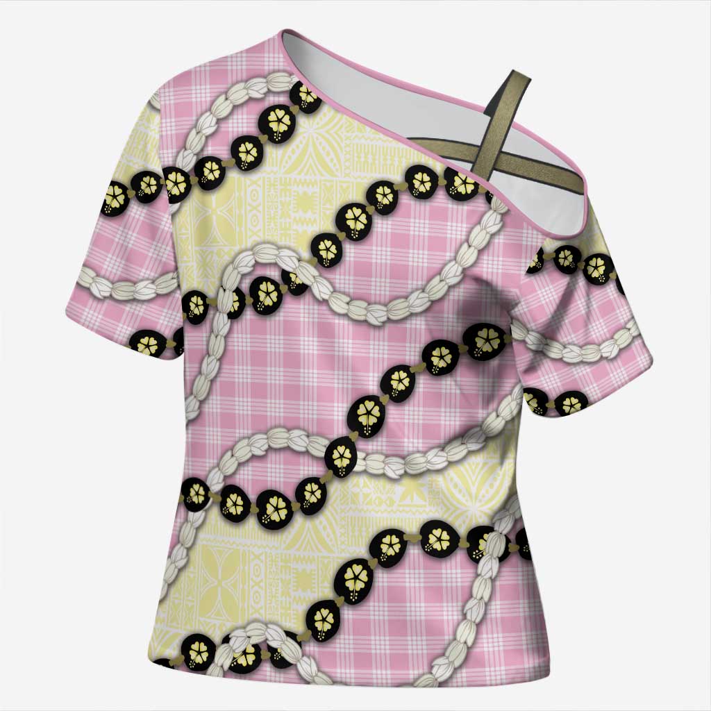 Pink Palaka Hawaii Cross Shoulder Shirt Kukui Nut Pikake Lei Hawaiian Tapa Pattern LT14 Female Pink - Polynesian Pride