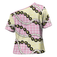 Pink Palaka Hawaii Cross Shoulder Shirt Kukui Nut Pikake Lei Hawaiian Tapa Pattern LT14 - Polynesian Pride