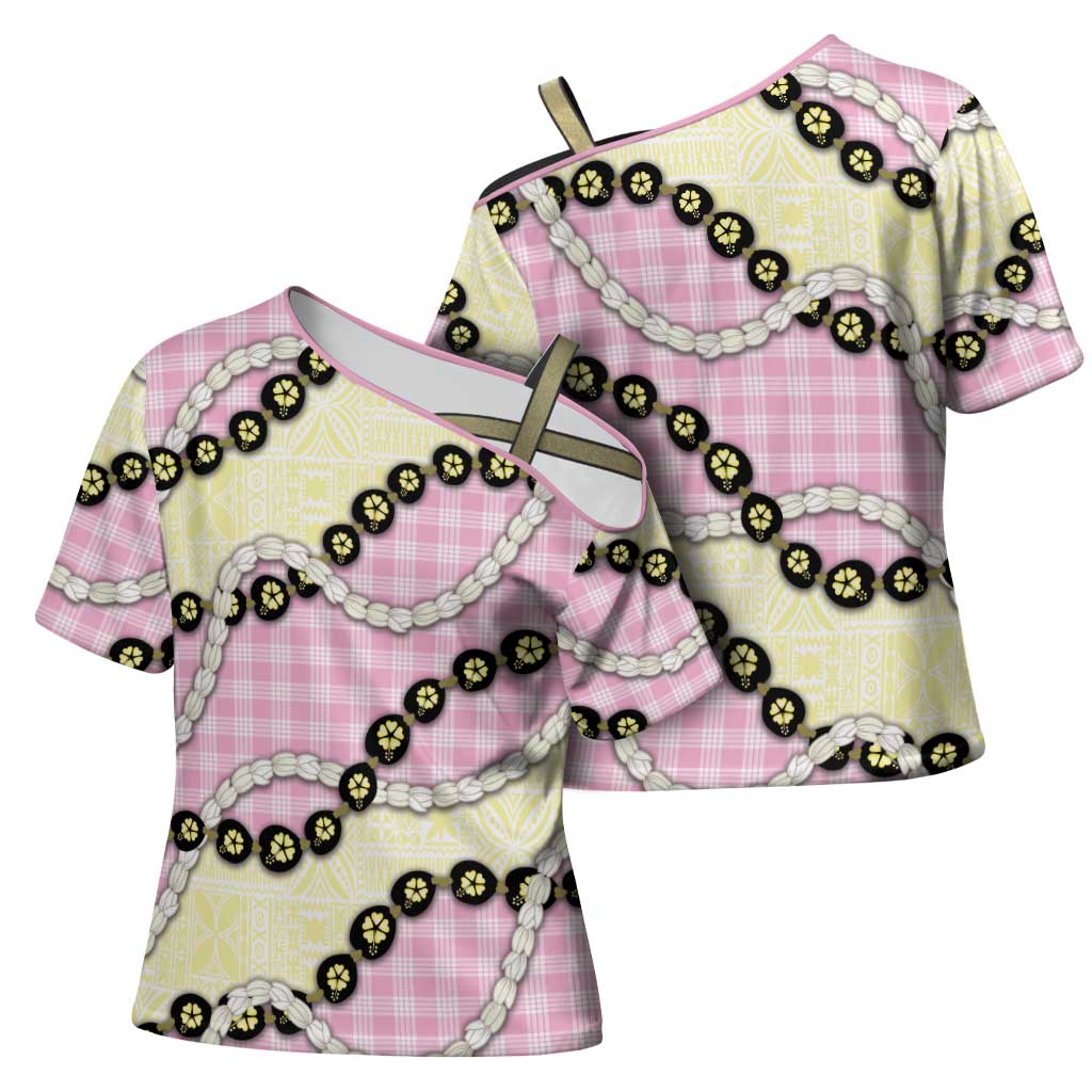 Pink Palaka Hawaii Cross Shoulder Shirt Kukui Nut Pikake Lei Hawaiian Tapa Pattern LT14 - Polynesian Pride