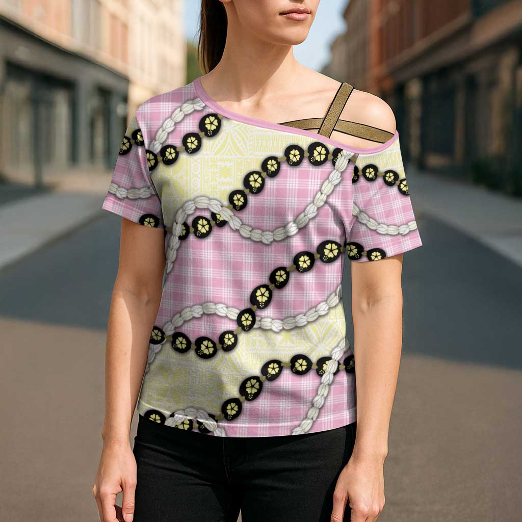 Pink Palaka Hawaii Cross Shoulder Shirt Kukui Nut Pikake Lei Hawaiian Tapa Pattern LT14 - Polynesian Pride