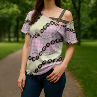 Pink Palaka Hawaii Cross Shoulder Shirt Kukui Nut Pikake Lei Hawaiian Tapa Pattern LT14 - Polynesian Pride