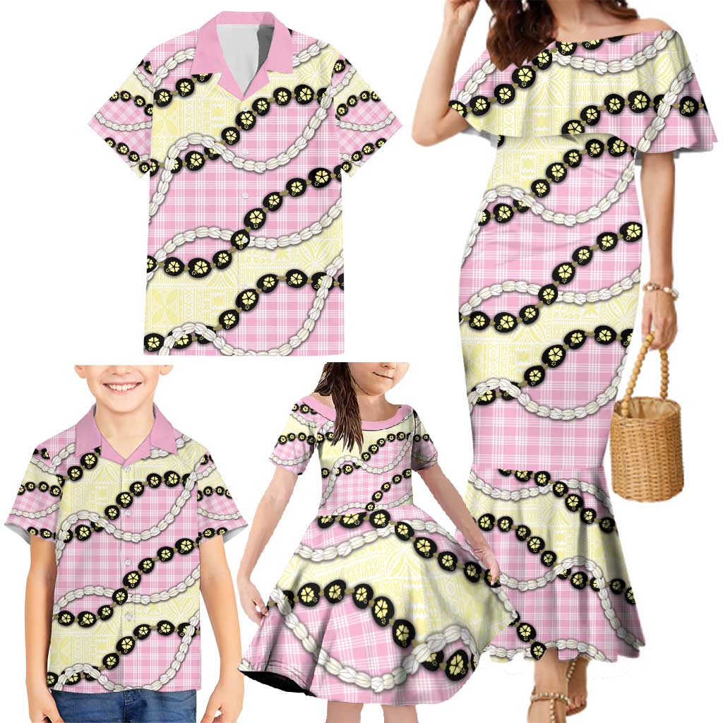 Pink Palaka Hawaii Family Matching Mermaid Dress and Hawaiian Shirt Kukui Nut Pikake Lei Hawaiian Tapa Pattern - Polynesian Pride