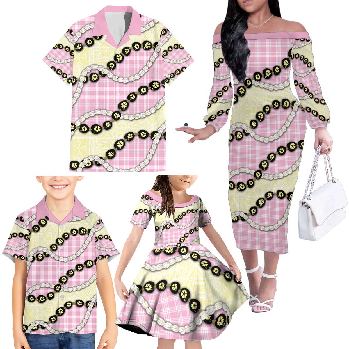 Pink Palaka Hawaii Family Matching Off The Shoulder Long Sleeve Dress and Hawaiian Shirt Kukui Nut Pikake Lei Hawaiian Tapa Pattern - Polynesian Pride