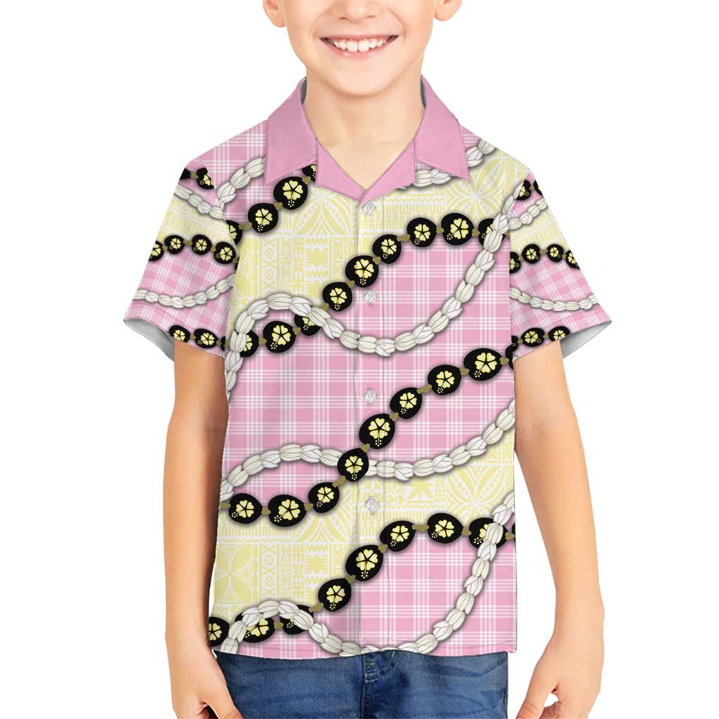 Pink Palaka Hawaii Family Matching Off Shoulder Short Dress and Hawaiian Shirt Kukui Nut Pikake Lei Hawaiian Tapa Pattern - Polynesian Pride