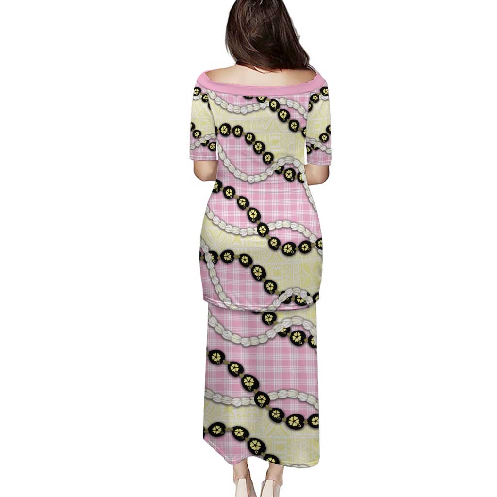 Pink Palaka Hawaii Family Matching Puletasi and Hawaiian Shirt Kukui Nut Pikake Lei Hawaiian Tapa Pattern - Polynesian Pride