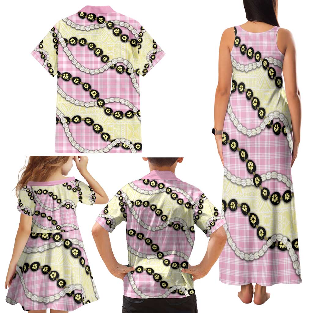 Pink Palaka Hawaii Family Matching Tank Maxi Dress and Hawaiian Shirt Kukui Nut Pikake Lei Hawaiian Tapa Pattern - Polynesian Pride