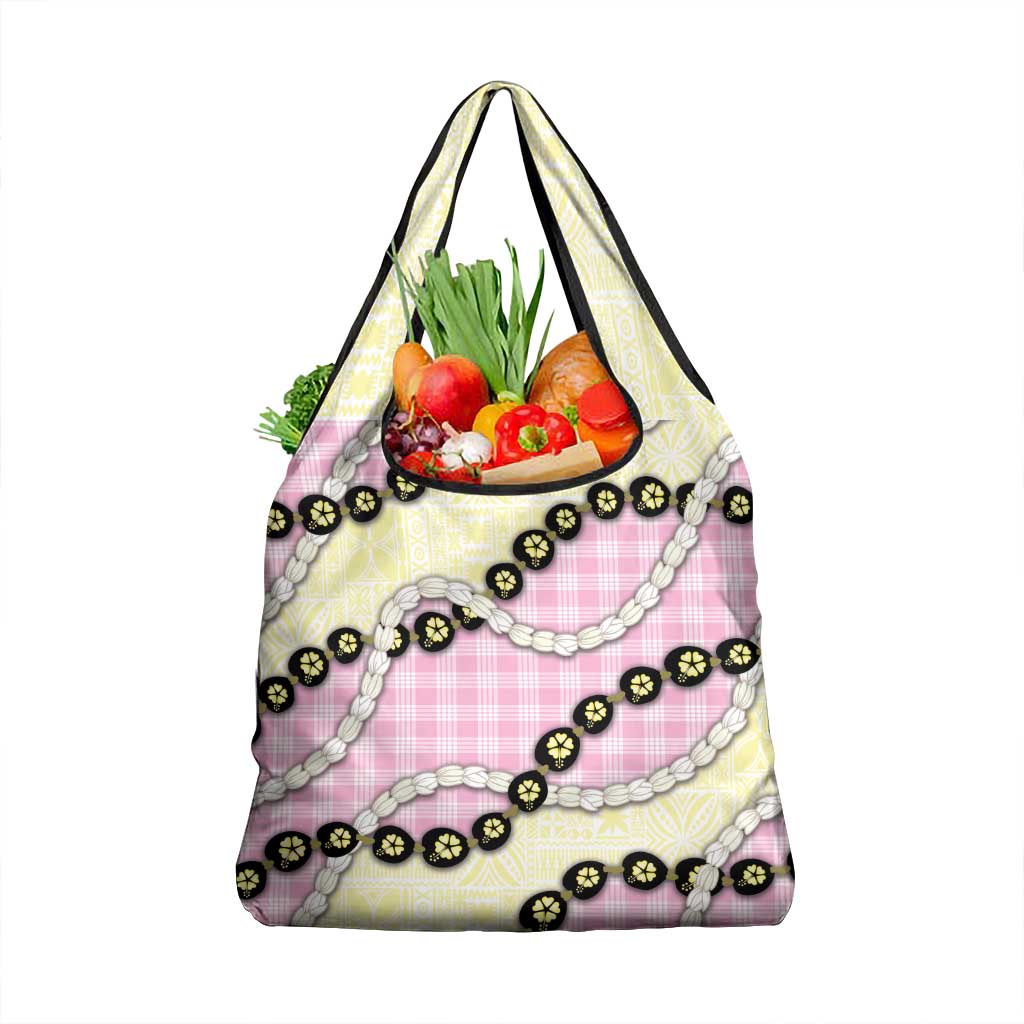 Pink Palaka Hawaii Grocery Bag Kukui Nut Pikake Lei Hawaiian Tapa Pattern - Polynesian Pride