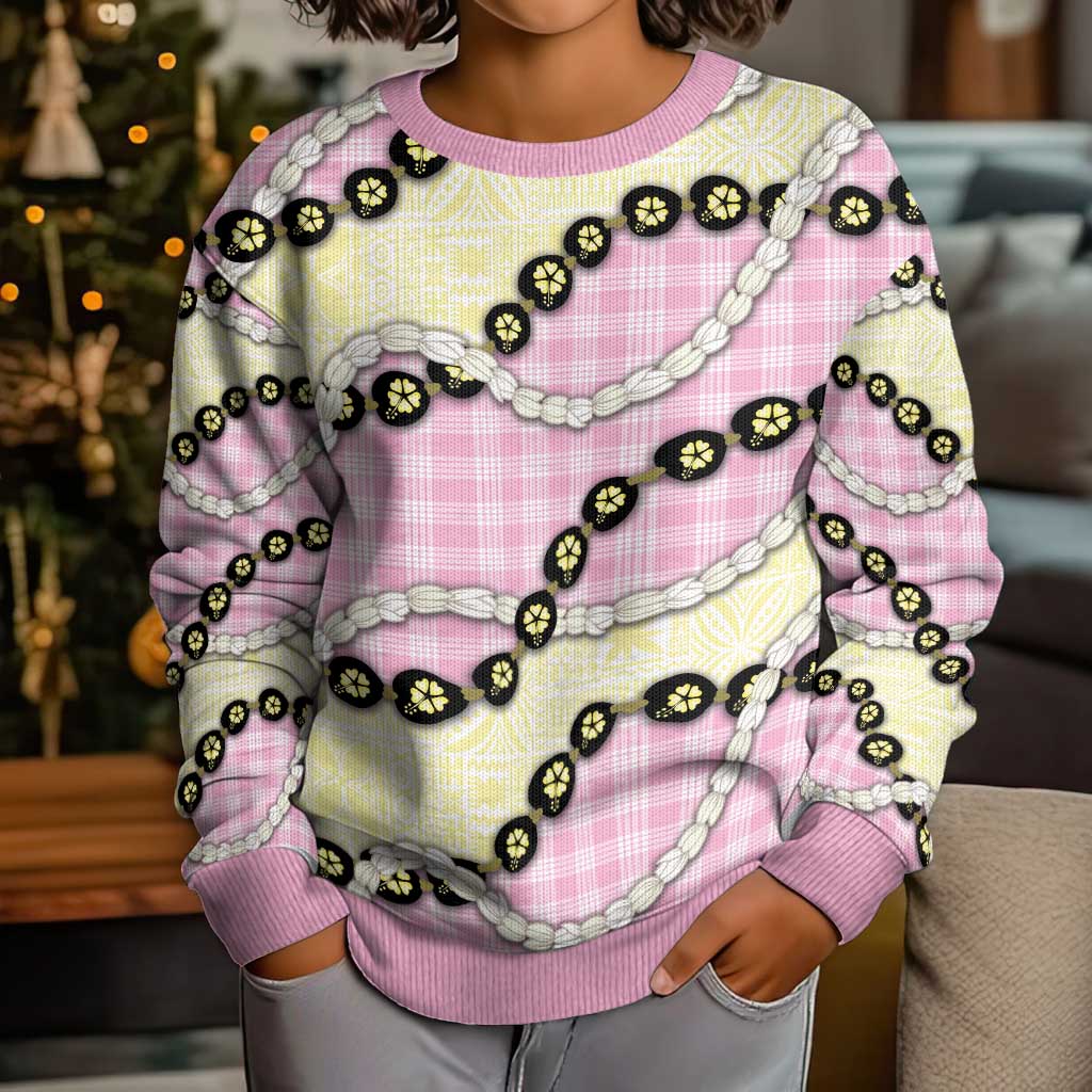 Pink Palaka Hawaii Kid Ugly Christmas Sweater Kukui Nut Pikake Lei Hawaiian Tapa Pattern LT14 - Polynesian Pride