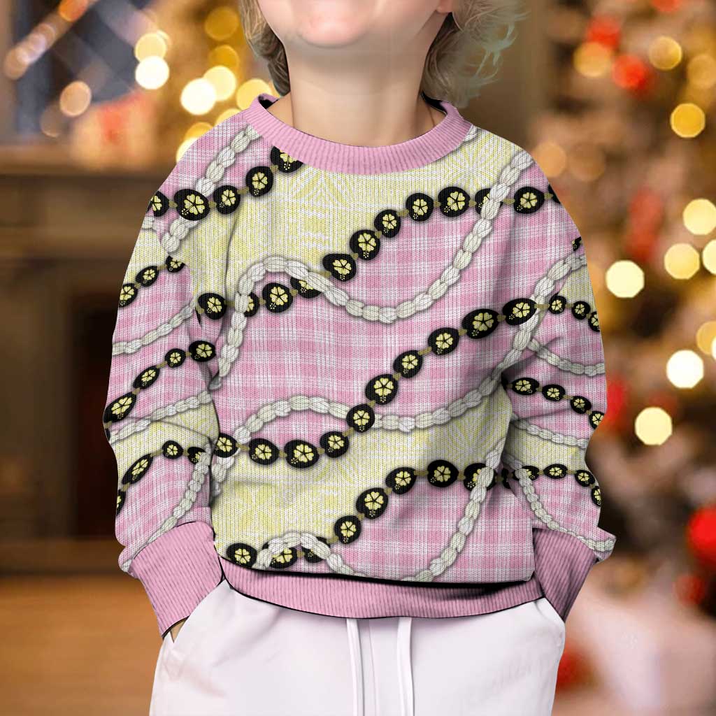 Pink Palaka Hawaii Kid Ugly Christmas Sweater Kukui Nut Pikake Lei Hawaiian Tapa Pattern LT14 - Polynesian Pride