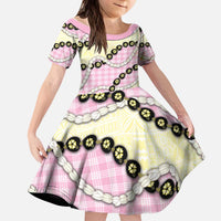 Pink Palaka Hawaii Kid Short Sleeve Dress Kukui Nut Pikake Lei Hawaiian Tapa Pattern - Polynesian Pride