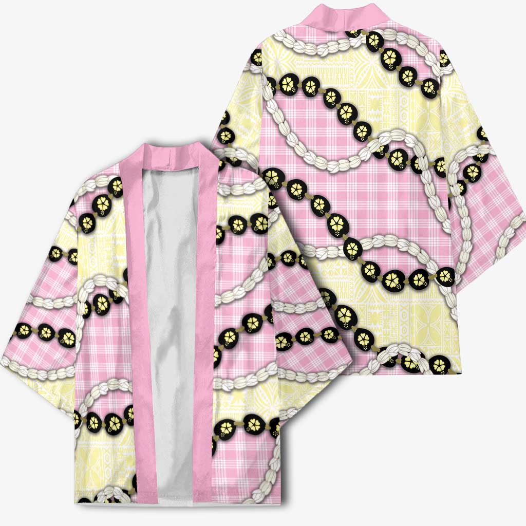 Pink Palaka Hawaii Kimono Kukui Nut Pikake Lei Hawaiian Tapa Pattern - Polynesian Pride