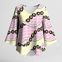Pink Palaka Hawaii Kimono Sleeve Blouse Kukui Nut Pikake Lei Hawaiian Tapa Pattern LT14 Female Pink - Polynesian Pride