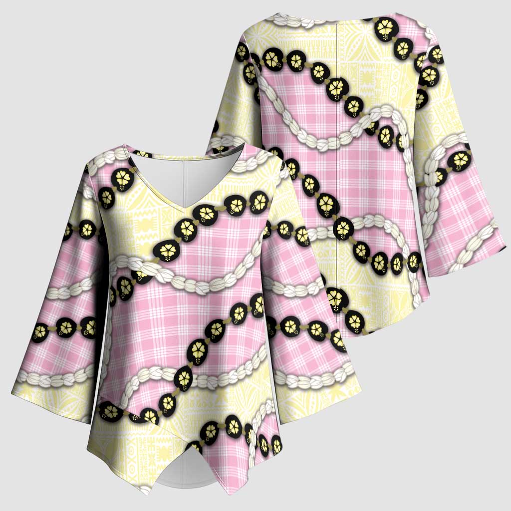 Pink Palaka Hawaii Kimono Sleeve Blouse Kukui Nut Pikake Lei Hawaiian Tapa Pattern LT14 - Polynesian Pride