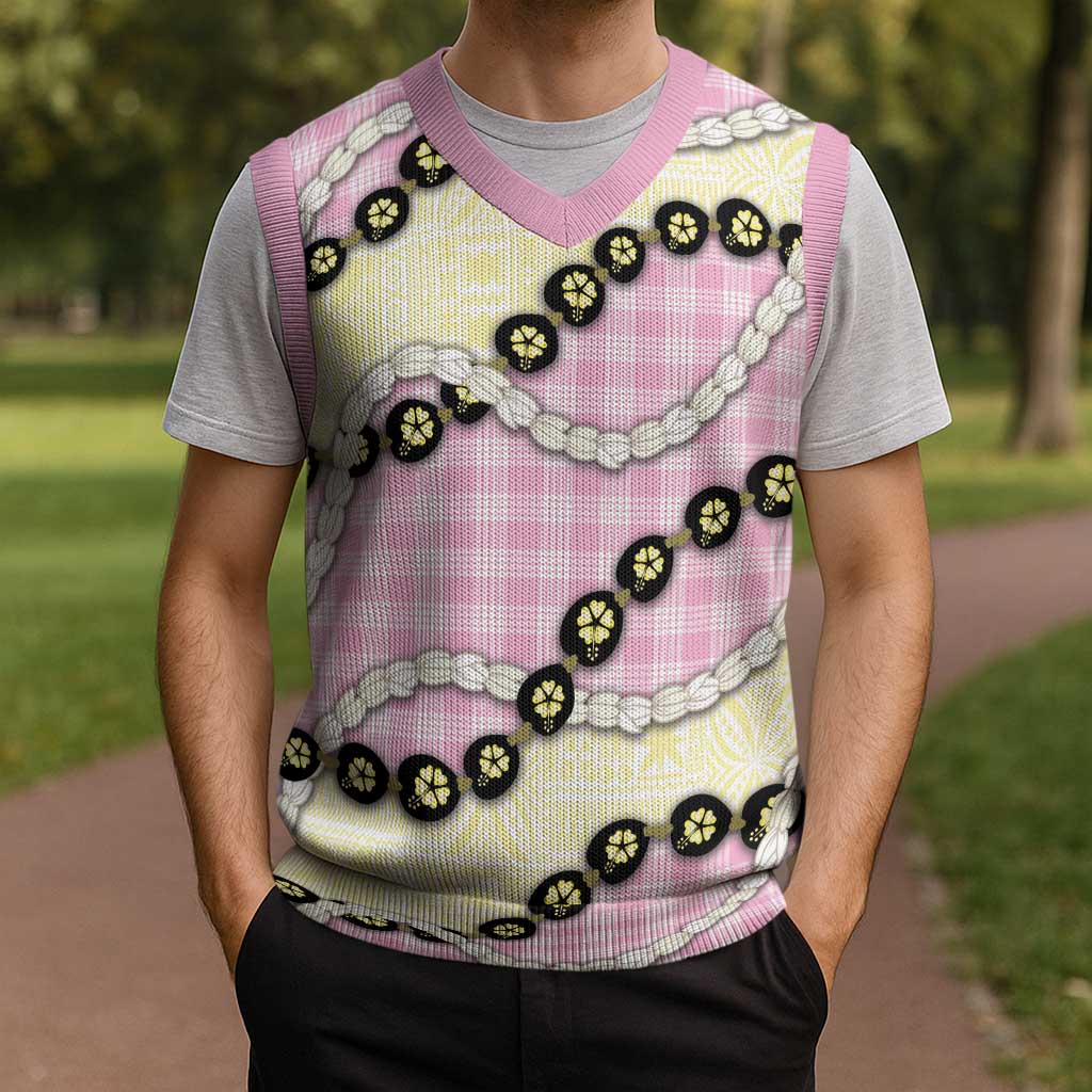 Pink Palaka Hawaii Christmas Knitted V-Neck Vest Kukui Nut Pikake Lei Hawaiian Tapa Pattern LT14 - Polynesian Pride