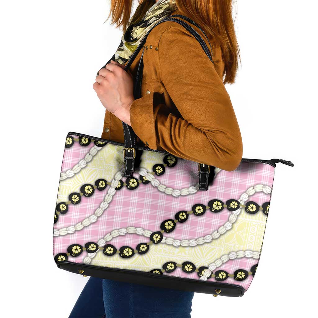 Pink Palaka Hawaii Leather Tote Bag Kukui Nut Pikake Lei Hawaiian Tapa Pattern LT14 Pink - Polynesian Pride