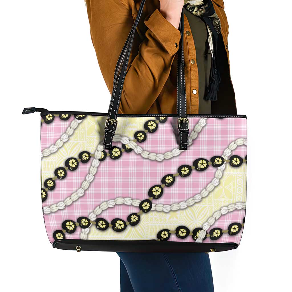 Pink Palaka Hawaii Leather Tote Bag Kukui Nut Pikake Lei Hawaiian Tapa Pattern LT14 - Polynesian Pride