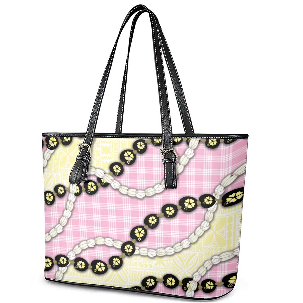 Pink Palaka Hawaii Leather Tote Bag Kukui Nut Pikake Lei Hawaiian Tapa Pattern LT14 - Polynesian Pride