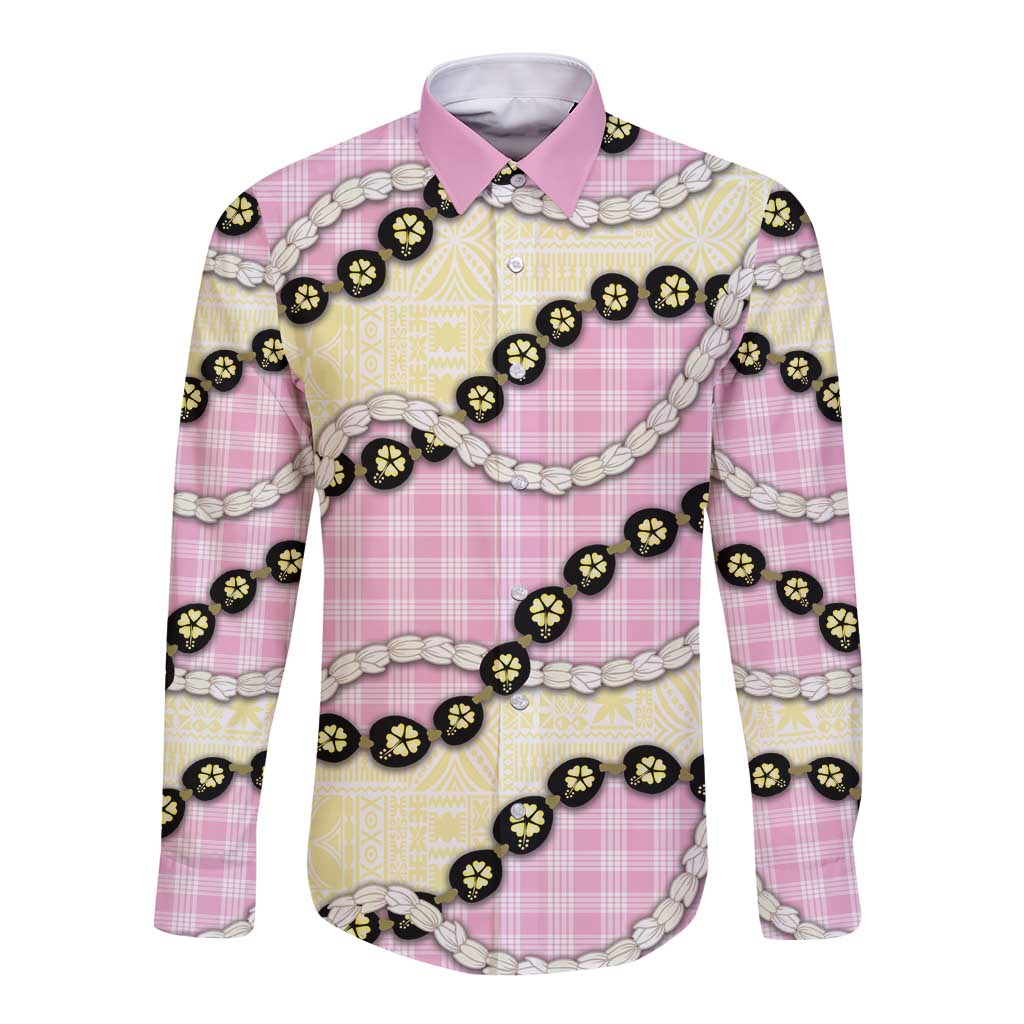 Pink Palaka Hawaii Long Sleeve Button Shirt Kukui Nut Pikake Lei Hawaiian Tapa Pattern LT14 Unisex Pink - Polynesian Pride