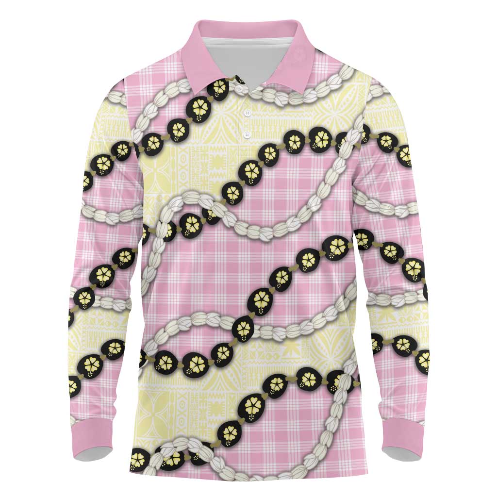 Pink Palaka Hawaii Long Sleeve Polo Shirt Kukui Nut Pikake Lei Hawaiian Tapa Pattern LT14 Pink - Polynesian Pride