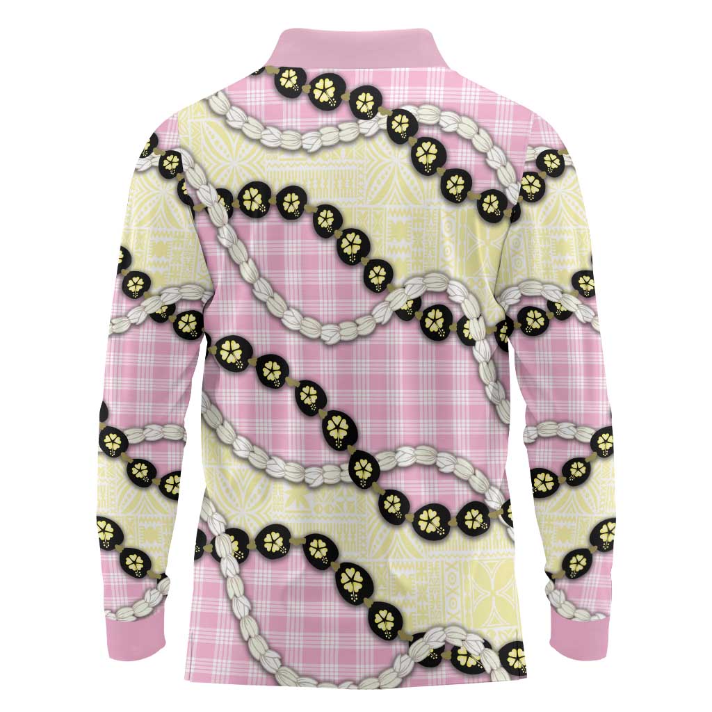 Pink Palaka Hawaii Long Sleeve Polo Shirt Kukui Nut Pikake Lei Hawaiian Tapa Pattern LT14 - Polynesian Pride