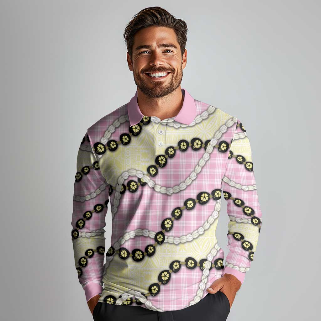 Pink Palaka Hawaii Long Sleeve Polo Shirt Kukui Nut Pikake Lei Hawaiian Tapa Pattern LT14 - Polynesian Pride