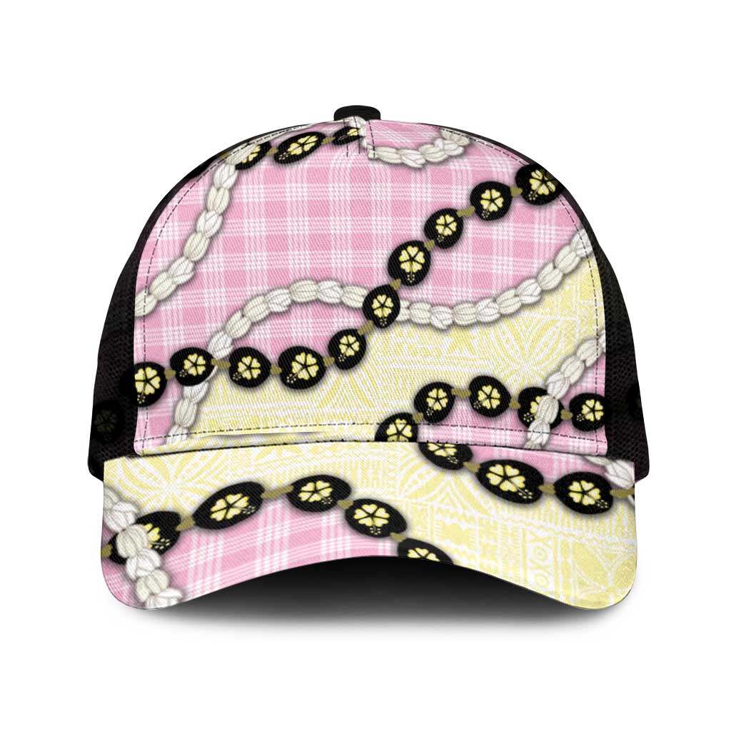 Pink Palaka Hawaii Mesh Trucker Cap Kukui Nut Pikake Lei Hawaiian Tapa Pattern - Polynesian Pride