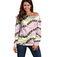 Pink Palaka Hawaii Off Shoulder Sweater Kukui Nut Pikake Lei Hawaiian Tapa Pattern - Polynesian Pride