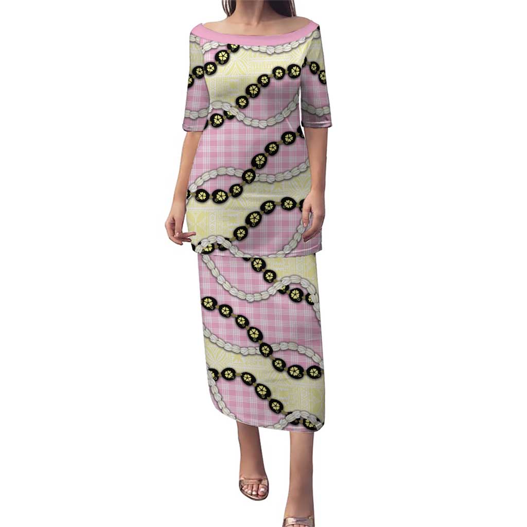 Pink Palaka Hawaii Puletasi Kukui Nut Pikake Lei Hawaiian Tapa Pattern LT14 Long Dress Pink - Polynesian Pride