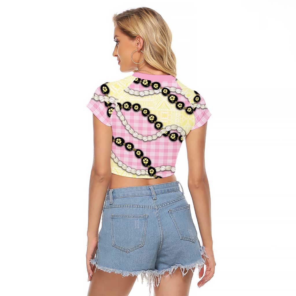 Pink Palaka Hawaii Raglan Cropped T Shirt Kukui Nut Pikake Lei Hawaiian Tapa Pattern LT14 - Polynesian Pride