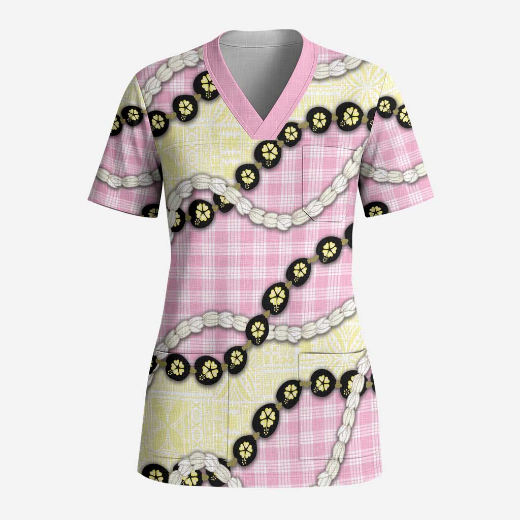 Pink Palaka Hawaii Scrub Top Kukui Nut Pikake Lei Hawaiian Tapa Pattern LT14 Adult Pink - Polynesian Pride