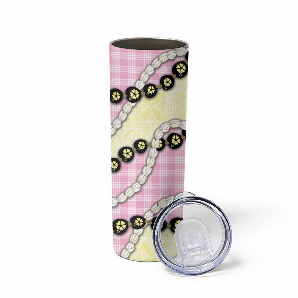 Pink Palaka Hawaii Skinny Tumbler Kukui Nut Pikake Lei Hawaiian Tapa Pattern - Polynesian Pride