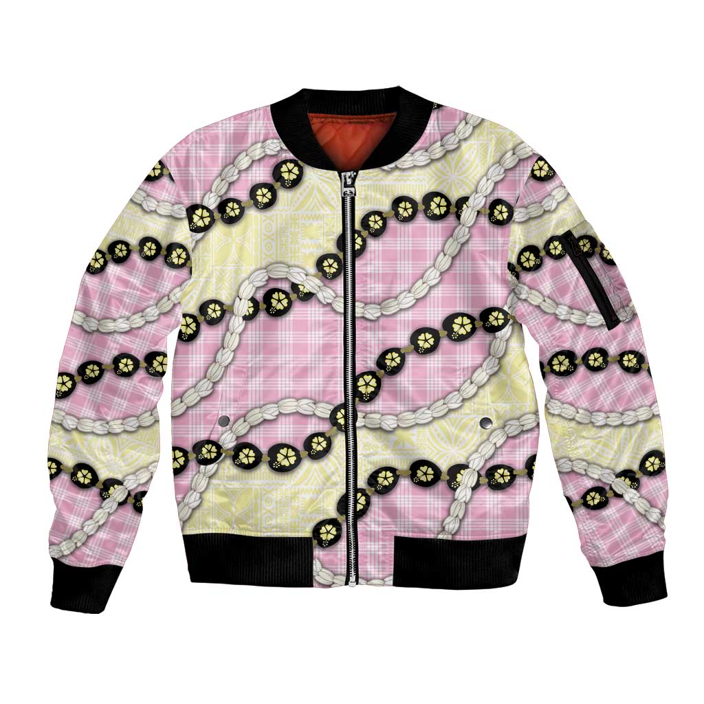 Pink Palaka Hawaii Sleeve Zip Bomber Jacket Kukui Nut Pikake Lei Hawaiian Tapa Pattern LT14 Unisex Pink - Polynesian Pride
