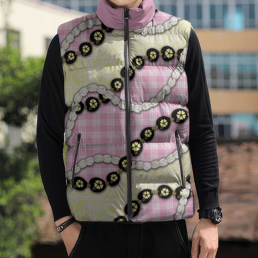 Pink Palaka Hawaii Sleeveless Puffer Jacket Kukui Nut Pikake Lei Hawaiian Tapa Pattern LT14 - Polynesian Pride