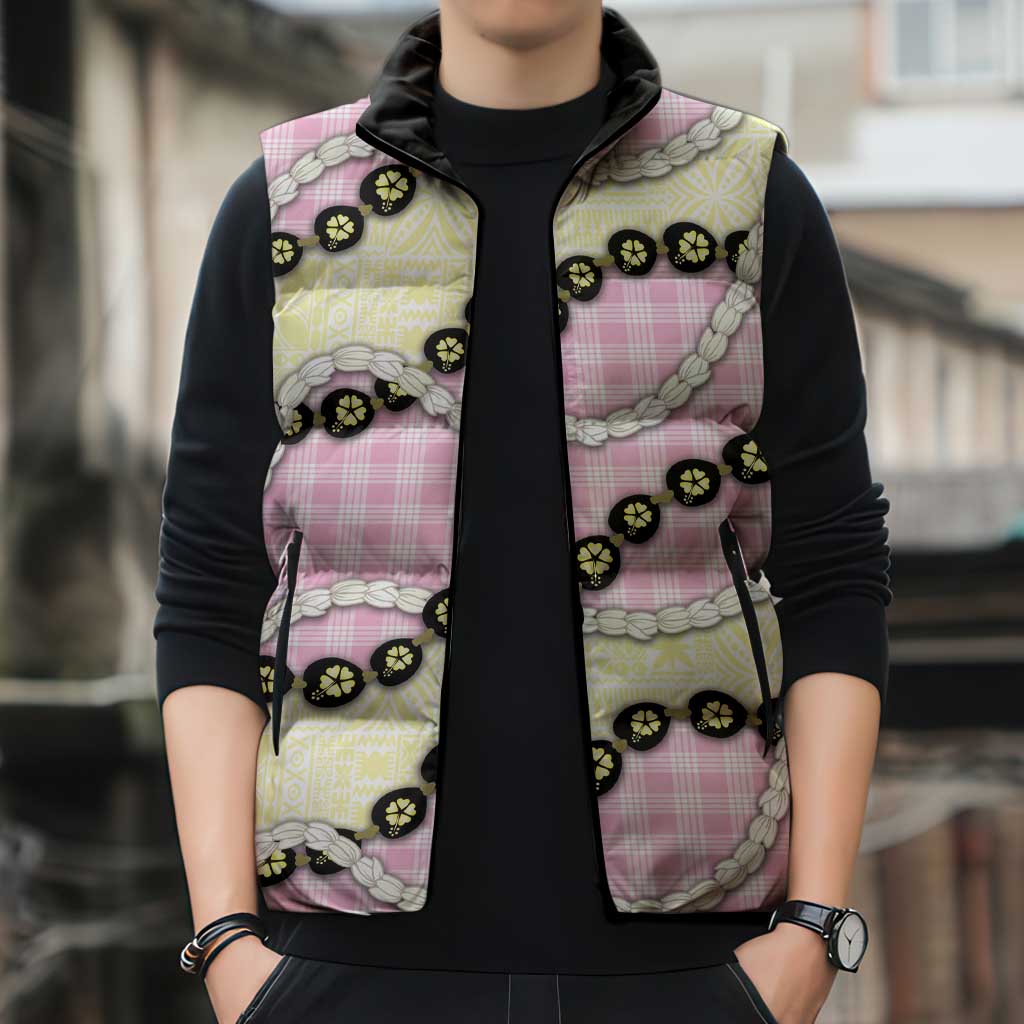 Pink Palaka Hawaii Sleeveless Puffer Jacket Kukui Nut Pikake Lei Hawaiian Tapa Pattern LT14 - Polynesian Pride
