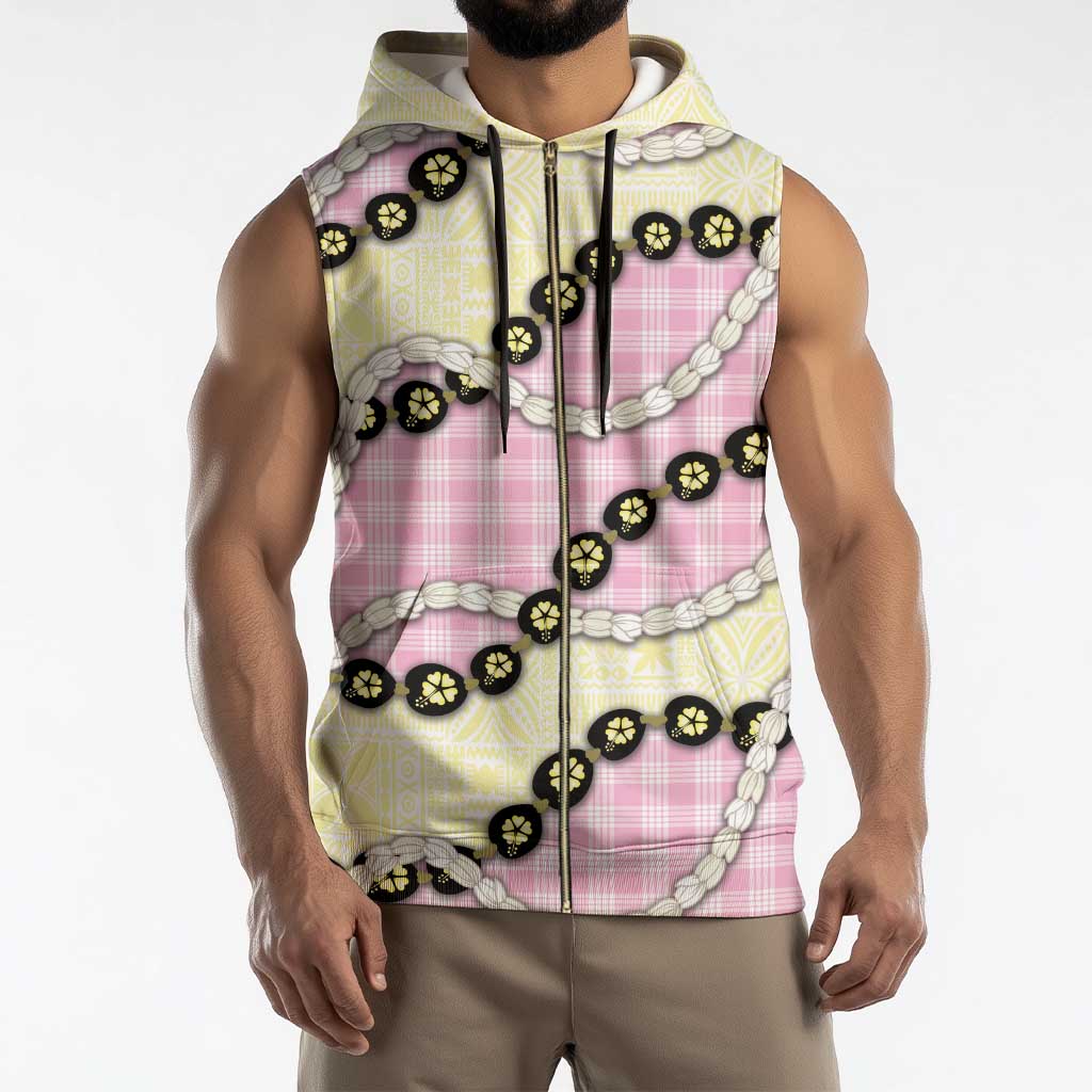 Pink Palaka Hawaii Sleeveless Zip Hoodie Kukui Nut Pikake Lei Hawaiian Tapa Pattern - Polynesian Pride