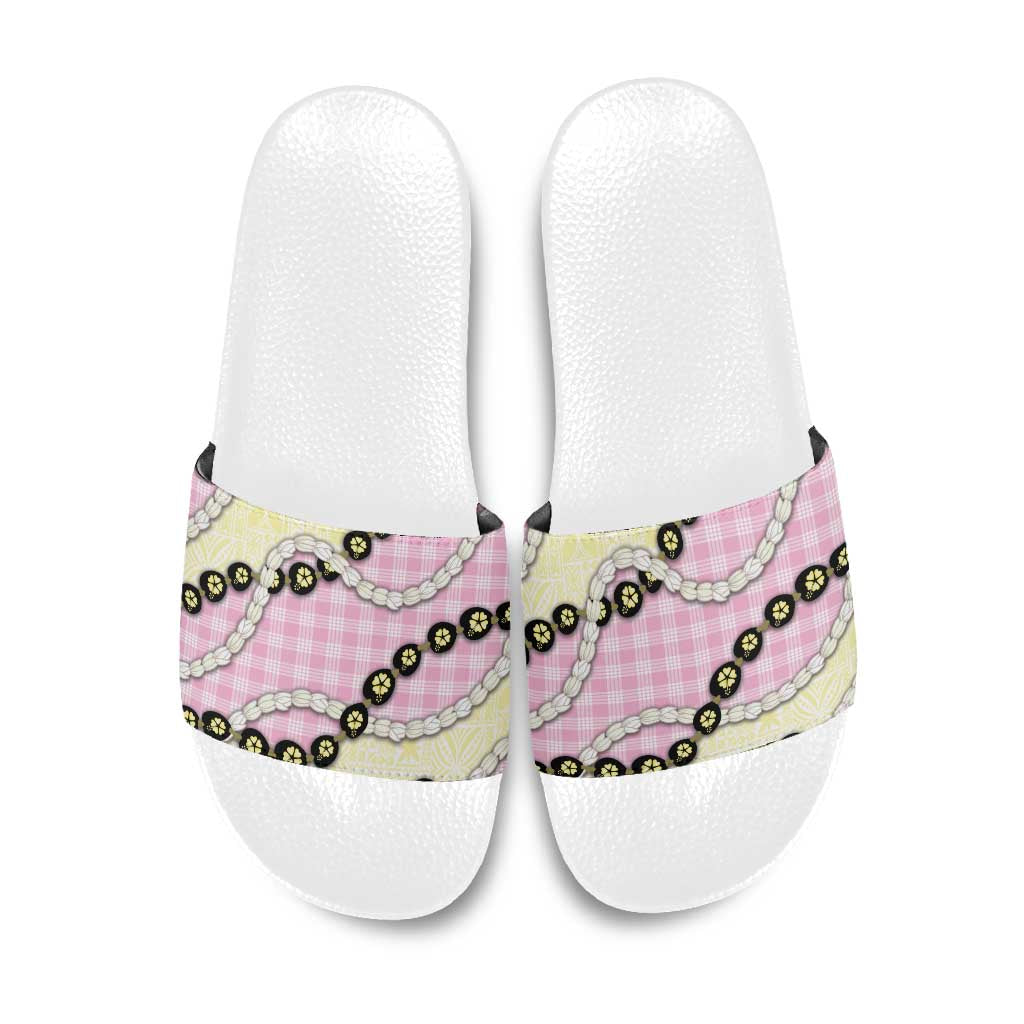 Pink Palaka Hawaii Slide Sandals Kukui Nut Pikake Lei Hawaiian Tapa Pattern - Polynesian Pride
