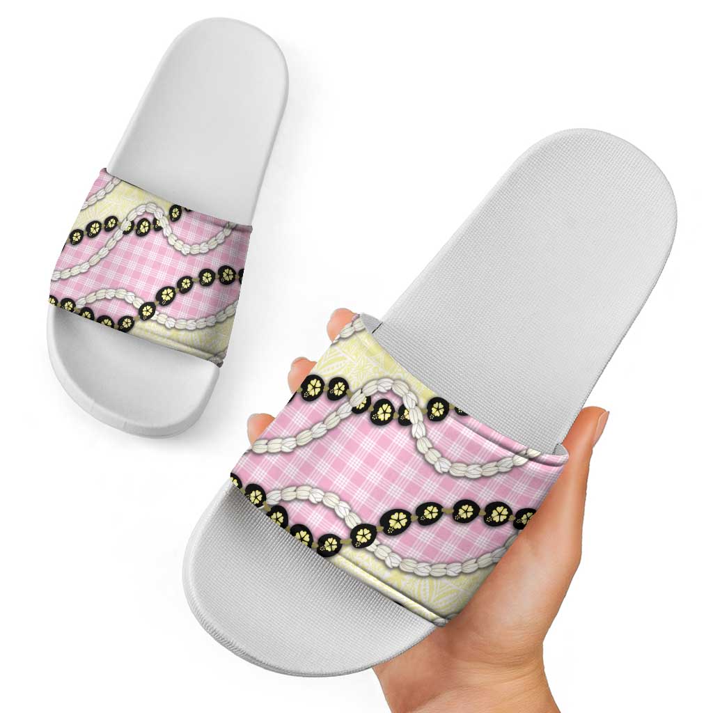 Pink Palaka Hawaii Slide Sandals Kukui Nut Pikake Lei Hawaiian Tapa Pattern - Polynesian Pride