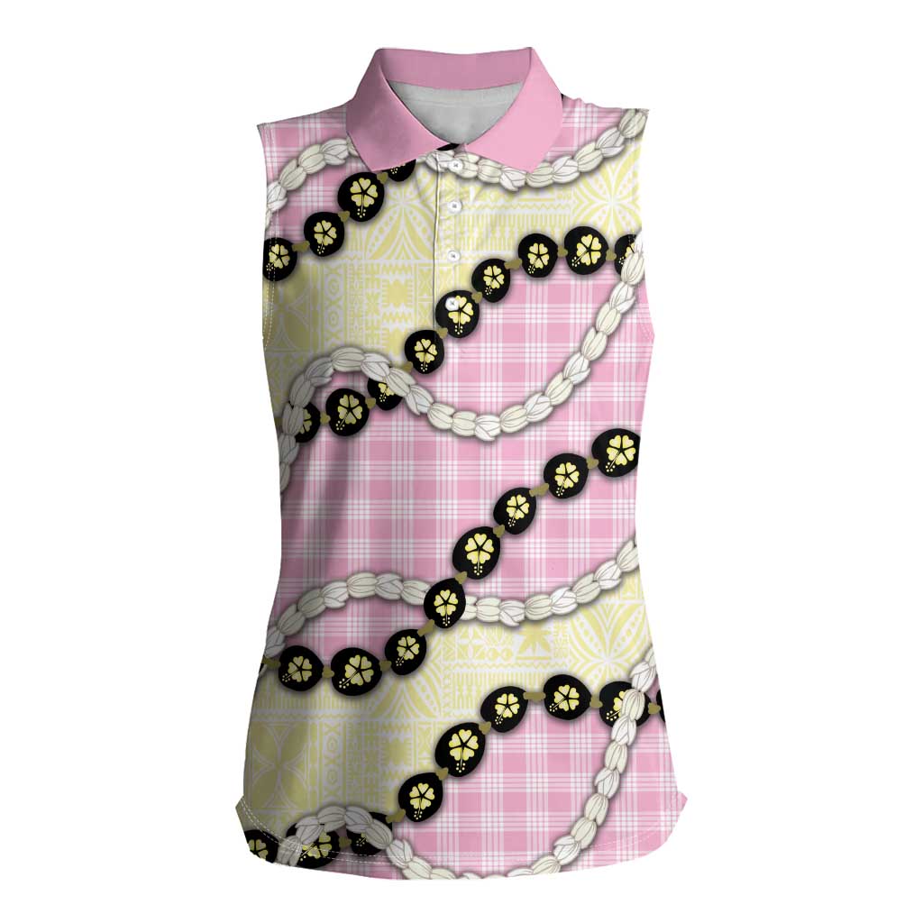 Pink Palaka Hawaii Women Sleeveless Polo Shirt Kukui Nut Pikake Lei Hawaiian Tapa Pattern LT14 Female Pink - Polynesian Pride