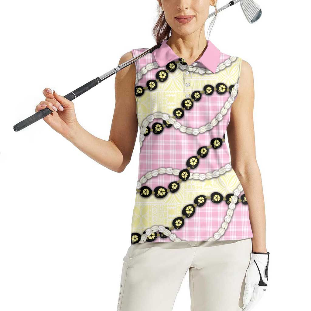 Pink Palaka Hawaii Women Sleeveless Polo Shirt Kukui Nut Pikake Lei Hawaiian Tapa Pattern LT14 - Polynesian Pride