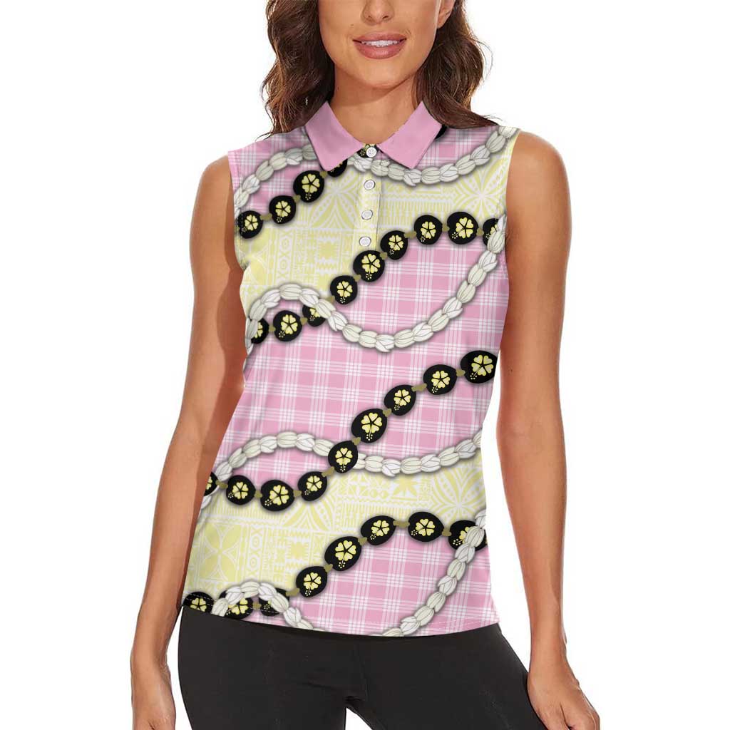 Pink Palaka Hawaii Women Sleeveless Polo Shirt Kukui Nut Pikake Lei Hawaiian Tapa Pattern LT14 - Polynesian Pride