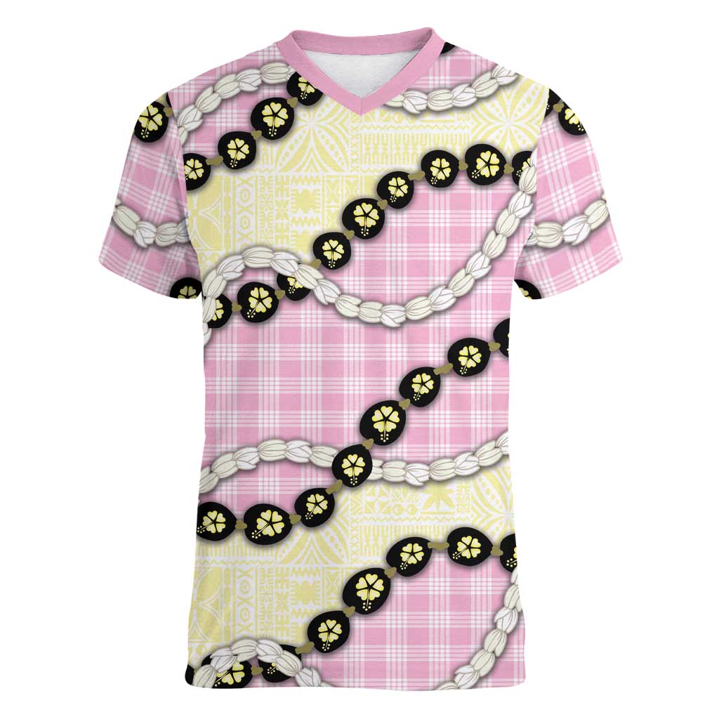 Pink Palaka Hawaii Women V-Neck T-Shirt Kukui Nut Pikake Lei Hawaiian Tapa Pattern LT14 Female Pink - Polynesian Pride