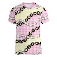 Pink Palaka Hawaii Women V-Neck T-Shirt Kukui Nut Pikake Lei Hawaiian Tapa Pattern LT14 Female Pink - Polynesian Pride