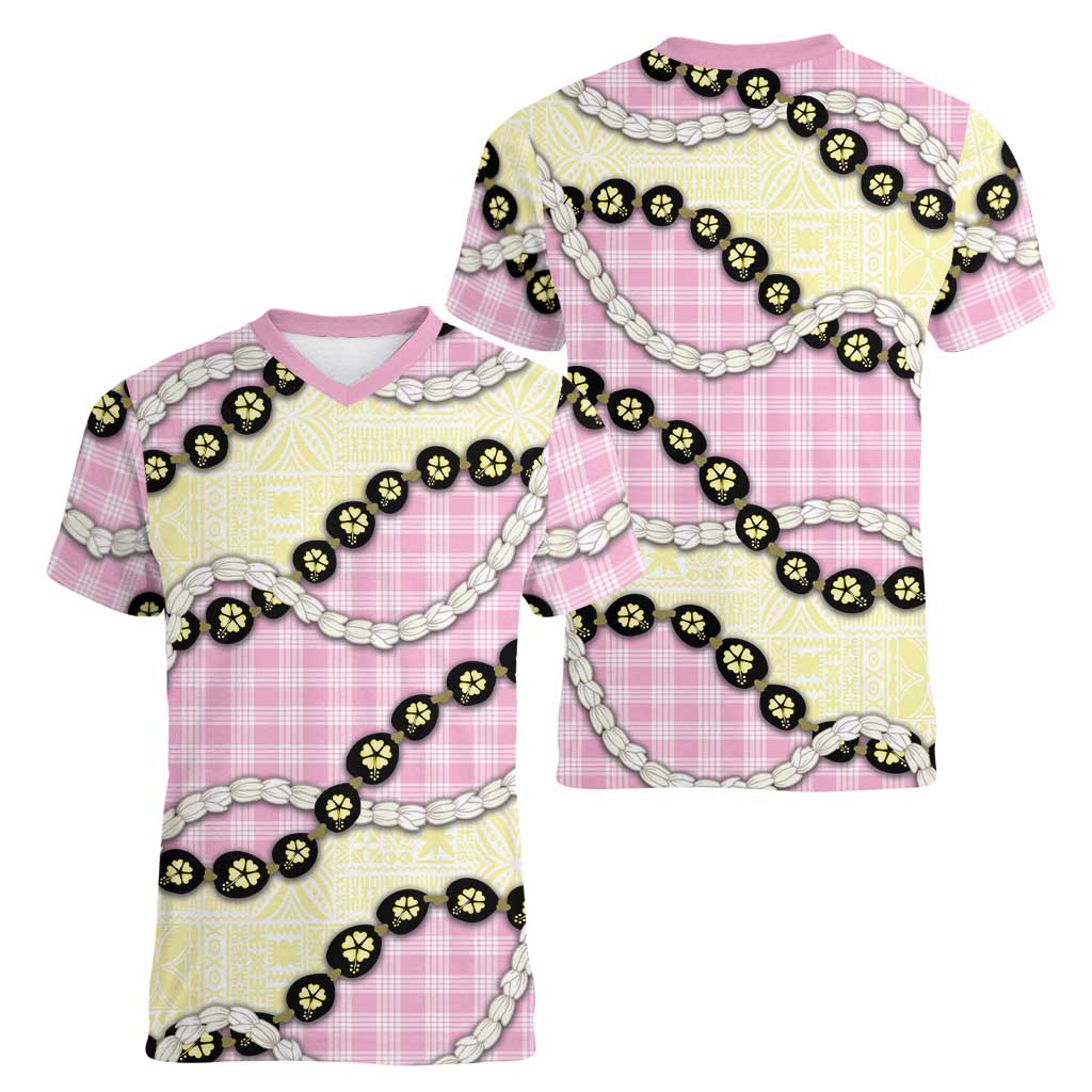 Pink Palaka Hawaii Women V-Neck T-Shirt Kukui Nut Pikake Lei Hawaiian Tapa Pattern LT14 - Polynesian Pride