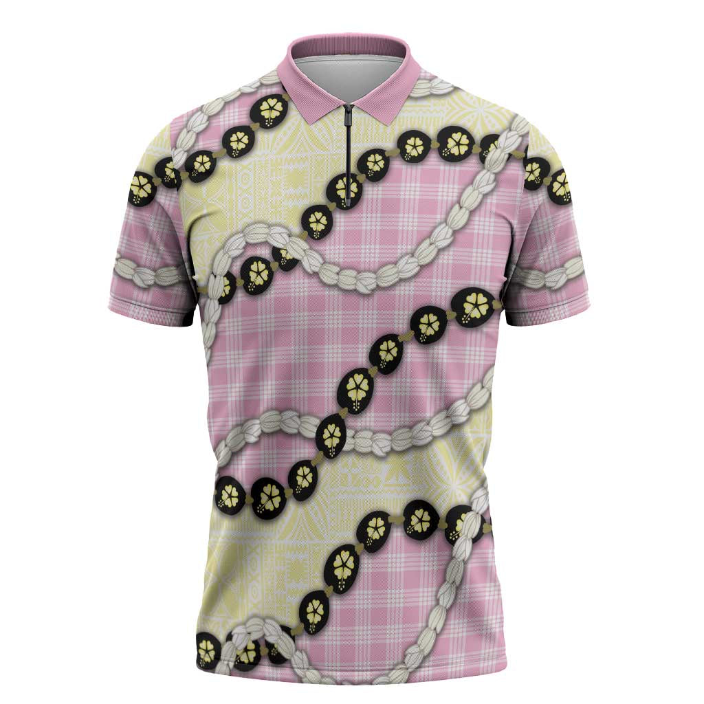 Pink Palaka Hawaii Zipper Polo Shirt Kukui Nut Pikake Lei Hawaiian Tapa Pattern LT14 Pink - Polynesian Pride