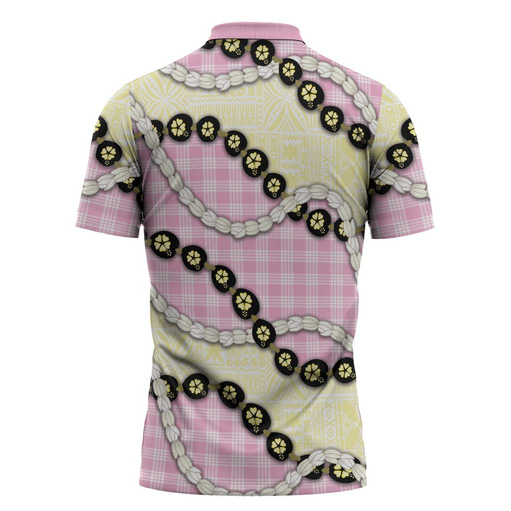 Pink Palaka Hawaii Zipper Polo Shirt Kukui Nut Pikake Lei Hawaiian Tapa Pattern LT14 - Polynesian Pride