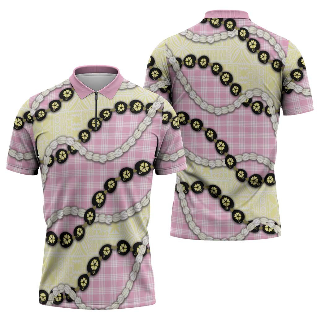 Pink Palaka Hawaii Zipper Polo Shirt Kukui Nut Pikake Lei Hawaiian Tapa Pattern LT14 - Polynesian Pride