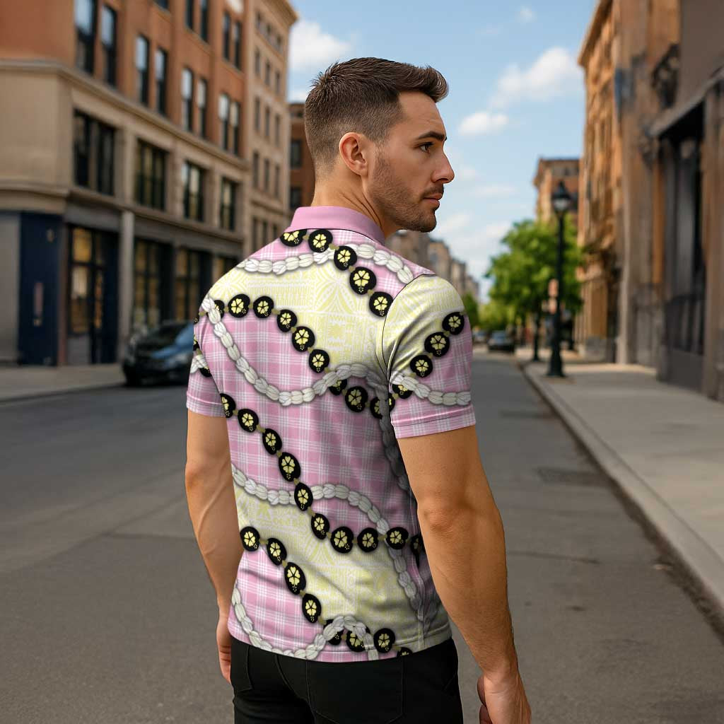 Pink Palaka Hawaii Zipper Polo Shirt Kukui Nut Pikake Lei Hawaiian Tapa Pattern LT14 - Polynesian Pride